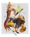  1boy animal arabian_clothes blonde_hair closed_mouth driftwoodwolf earrings feather_hair_ornament feathers fox genshin_impact gloves gold_earrings gold_necklace gold_trim hair_ornament jewelry kaveh_(genshin_impact) long_sleeves male_focus necklace red_eyes shirt short_hair shoulder_cape smile tail white_shirt 
