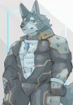  abs anthro biceps blue_eyes bodysuit breke bulge canid canine canis clothing crystal fur grey_body grey_fur hi_res kannepaz lifewonders male mammal muscular muscular_anthro muscular_male pecs skinsuit solo tight_clothing tokyo_afterschool_summoners wolf 