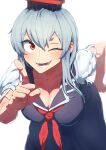  1girl ;d absurdres bent_over blue_dress blue_headwear blurry breasts cleavage commentary_request cowboy_shot depth_of_field dress grey_hair hair_between_eyes hanging_breasts highres index_finger_raised kamishirasawa_keine large_breasts leaning_forward long_hair looking_at_viewer lower_teeth_only medium_bangs neckerchief one_eye_closed open_mouth red_eyes red_neckerchief short_sleeves simple_background smile solo sotatsudraw teeth touhou white_background 