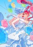  2girls back_cutout balloon bare_back blue_hair bow clothing_cutout couple dress earrings elbow_gloves flower gloves hair_bow hair_flower hair_ornament hands_on_another&#039;s_waist highres hug jewelry long_dress long_hair looking_at_another mahou_shoujo_madoka_magica mahou_shoujo_madoka_magica:_hangyaku_no_monogatari miki_sayaka multiple_girls ponytail red_hair sakura_kyoko short_hair white_bow white_dress ziyin 