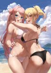  2girls absurdres ahoge beach bikini black_bikini blonde_hair blue_eyes blue_sky breast_press breasts cloud day hair_bun highres horizon large_breasts long_hair love_live! love_live!_nijigasaki_high_school_idol_club miyashita_ai mole mole_under_eye multiple_girls ocean outdoors pink_hair popupi_12 red_eyes sidelocks sky swept_bangs swimsuit symmetrical_docking two_side_up white_bikini zhong_lanzhu 