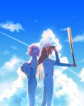  2girls baseball_bat baseball_cap baseball_uniform blue_eyes blue_hair blue_sky brown_hair cloud from_side furen_e_lustario hair_ornament hand_on_headwear hat highres holding holding_baseball_bat holding_clothes holding_hat layered_sleeves lize_helesta long_hair long_sleeves multiple_girls nijisanji pants profile sakuraki_riichi short_hair short_over_long_sleeves short_sleeves sky sportswear virtual_youtuber white_hair white_pants 