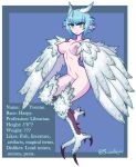  1girl artist_name bird_legs blue_background blue_hair breasts character_name character_profile feather_hair feathered_wings feathers harpy medium_breasts monster_girl navel nipples nude original pointy_ears short_hair solo talons tenk white_feathers white_wings wings yellow_eyes 