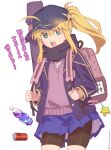  1girl ahoge artoria_pendragon_(fate) backpack bag baseball_cap bike_shorts black_scarf black_shorts blonde_hair blue_jacket blue_skirt blush bottle breasts can contemporary fate/grand_order fate_(series) green_eyes grey_sweater hair_through_headwear hat highres jacket long_hair long_sleeves looking_at_viewer mitsurugi_sugar mysterious_heroine_x_(fate) open_clothes open_jacket open_mouth ponytail rojiura_satsuki:_chapter_heroine_sanctuary scarf shorts shorts_under_skirt sidelocks skirt small_breasts soda_can sweater translation_request variant_set 