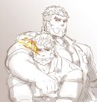  2boys arm_around_shoulder bara beard eyebrow_cut facial_hair flaming_eye hephaestus_(housamo) katoributa_a large_pectorals male_focus mature_male multiple_boys muscular muscular_male pectoral_cleavage pectorals red_eyes scar scar_on_chest short_hair sideburns sleeves_rolled_up spot_color talos_(housamo) thick_arms thick_eyebrows tokyo_afterschool_summoners undercut upper_body 