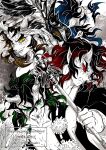  4boys :p absurdres aizetsu_(kimetsu_no_yaiba) black_hair blue_eyes blue_hair colored_sclera cracked_skin demon demon_boy demon_horns fangs feathered_wings fingernails fire_breath1 furrowed_brow green_eyes green_hair greyscale highres holding holding_staff horns japanese_clothes karaku_(kimetsu_no_yaiba) kimetsu_no_yaiba kimono long_hair looking_at_another male_focus monochrome multicolored_hair multiple_boys oni oni_horns open_mouth partially_colored pointy_ears red_eyes red_hair sekido_(kimetsu_no_yaiba) smile staff tongue tongue_out twitter_username two-tone_hair upper_body urogi_(kimetsu_no_yaiba) v-shaped_eyebrows wings yellow_eyes 