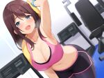  1girl absurdres arm_up bent_over blue_eyes blurry brown_hair depth_of_field dutch_angle heavy_breathing highres holding long_hair looking_at_viewer open_mouth original smile solo standing towel towel_around_neck umihal 
