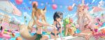  4girls absurdres animal_ears applying_sunscreen ball beach_umbrella beachball bikini bikini_top_only black_hair blonde_hair blue-framed_eyewear blue_bikini blue_hair blue_sky blunt_bangs blush bodiedwile bottle breasts chinchilla_ears chinchilla_girl chinchilla_tail cleavage closed_mouth cocktail cocktail_umbrella cup denim denim_shorts disposable_cup drinking_glass drinking_straw eyewear_on_head fang flower food frilled_one-piece_swimsuit frills front-tie_bikini_top front-tie_top fruit green_bikini green_eyes green_hair green_sarong hair_between_eyes hair_flower hair_ornament hand_on_own_cheek hand_on_own_face hibiscus highres holding holding_bottle horns inflatable_flamingo jacket lantern light_bulb long_hair looking_at_viewer medium_breasts multicolored_hair multiple_girls naughty_face navel on_floor one-piece_swimsuit open_mouth orange_(fruit) orange_slice original outdoors palm_tree paper_lantern pink_eyes pointy_ears pool print_sarong rabbit_ears rabbit_girl rabbit_tail sarong scrunchie see-through see-through_jacket short_hair short_shorts shorts sideboob sitting skin_fang sky small_breasts smile soaking_feet strapless strapless_swimsuit sunglasses swimsuit tail tail_through_clothes tree twintails two-tone_hair umbrella wavy_hair white_bikini white_hair wrist_scrunchie yellow_bikini yellow_eyes 