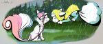  alolan_form alolan_vulpix aquafresh_(sylve0n) coffeefly eyes_closed fan_character female feral freckles generation_1_pokemon grass hi_res jumping juniper_(coffeefly) nintendo plant pokemon pokemon_(species) puddle rain_coat raining regional_form_(pokemon) smile tree vulpix 