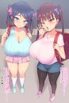  2girls backpack bag black_hair blue_eyes blue_footwear blue_shirt blue_shorts blush bow breasts brown_hair cleavage commentary_request fang fellatio_gesture hair_bow highres huge_breasts looking_at_viewer mesugaki miniskirt mole mole_on_breast multiple_girls naughty_face open_mouth oppai_loli original parted_bangs pink_footwear pink_skirt pleated_skirt randoseru red_eyes samurai_(movemusic) shirt shoes shorts sidelocks skin_fang skirt smile socks thighs translation_request twintails v-neck white_socks 