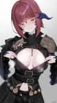  1girl absurdres au_ra belt black_belt blue_horns blunt_bangs blush breasts clothing_request commission dragon_girl dragon_horns final_fantasy final_fantasy_xiv gradient_background head_tilt highres horns large_breasts long_sleeves looking_at_viewer navel opened_by_self red_eyes red_hair scales seductive_smile shhilee short_hair signature skeb_commission smile solo warrior_of_light_(ff14) wide_sleeves 