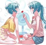  2girls aqua_hair arm_support bang_dream! bare_shoulders blue_shorts blush commentary crop_top crop_top_overhang electric_fan feeding floral_print food fruit full_body green_eyes hair_bun hikawa_hina hikawa_sayo holding holding_food indian_style kneeling long_hair looking_at_another miniskirt multiple_girls open_mouth ponytail profile shirt short_hair shorts siblings sidelocks single_hair_bun sitting skirt sleeveless sleeveless_shirt tank_top twins watermelon white_tank_top yellow_skirt yellow_tank_top zihacheol 