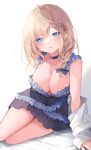  1girl arm_support bare_arms black_choker black_dress blonde_hair blue_eyes blush breasts choker collarbone commentary_request commission dress dress_shirt fukunoki_tokuwa heart highres large_breasts legs_together looking_at_viewer open_mouth original shirt sitting skeb_commission solo virtual_youtuber white_shirt 