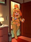  alcohol animal_crossing anthro beverage blonde_hair bow_tie bra breasts canid canine canis clothing condom_wrapper detailed_background domestic_dog female fur garter_belt garter_straps hair hi_res isabelle_(animal_crossing) junyois lamp legwear lingerie looking_at_viewer mammal nintendo open_door seductive shih_tzu smile solo stockings thigh_highs thong toy_dog underwear whiskey whiskey_bottle whiskey_glass yellow_body yellow_fur 