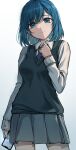  1girl :| absurdres black_sweater_vest blue_eyes blue_hair blue_necktie blush breasts breasts_apart buttoned_cuffs cellphone closed_mouth collared_shirt commentary cowboy_shot grey_skirt hand_on_own_chest head_tilt highres holding holding_phone kurokawa_akane long_bangs long_sleeves looking_at_viewer luzzi_(milllim) medium_hair miniskirt necktie oshi_no_ko phone pleated_skirt school_uniform shirt simple_background skirt sleeve_cuffs small_breasts smartphone solo sweater_vest white_background white_shirt 