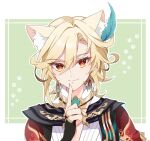  1boy animal_ears blonde_hair blue_feathers border cape cat_boy cat_ears chino_0830_tr closed_mouth earrings extra_ears feather_hair_ornament feathers genshin_impact green_background hair_ornament highres jewelry kaveh_(genshin_impact) long_sleeves male_focus red_cape red_eyes shirt smile solo white_border white_shirt 