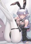  1girl animal_ears arm_support between_breasts black_leotard blush breasts cleavage commentary_request earrings fake_animal_ears grey_eyes grey_hair highleg highleg_leotard highres hitowa jacket jewelry legs_up leotard long_hair looking_at_viewer medium_breasts mole mole_under_mouth open_clothes open_jacket original pantyhose partial_commentary playboy_bunny pointy_ears rabbit_ears see-through see-through_cleavage sitting smile solo v white_pantyhose 