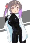  1girl :o absurdres black_hair bodysuit breasts colored_inner_hair commentary covered_navel hair_between_eyes hair_ornament hair_ribbon hairclip highres lab_coat large_breasts latex latex_bodysuit long_hair looking_at_viewer multicolored_hair namari_siro onii-chan_wa_oshimai! open_labcoat open_mouth oyama_mihari pointing pointing_at_self purple_hair red_ribbon ribbon simple_background skin_tight solo twintails two-tone_hair 