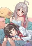  2girls :d ^_^ ahoge bare_legs black_hair blush bolo_tie brown_eyes c: closed_eyes colored_inner_hair commentary dot_nose dress grey_hair hair_between_eyes hair_ornament hairclip hand_on_another&#039;s_head happy highres lab_coat lap_pillow long_hair long_sleeves lying multicolored_hair multiple_girls nama_cream_croquette on_side onii-chan_wa_oshimai! open_mouth oyama_mahiro oyama_mihari pink_hair purple_hair red_shirt shirt siblings sisters sitting sleeveless sleeveless_dress smile strap_slip stuffed_toy twintails two-tone_hair white_dress 