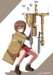  1girl :| absurdres artist_name bayonet black_jacket brown_eyes brown_footwear brown_hair cannon closed_mouth dated drops_mint expressionless full_body girls_und_panzer gun highres holding holding_shield huge_weapon jacket kuromorimine_military_uniform long_sleeves looking_at_viewer military military_uniform military_vehicle motor_vehicle nishizumi_maho pleated_skirt red_skirt reloading revolver shell_casing shield short_hair skirt solo squatting standing tank tiger_i twitter_username uniform v-shaped_eyebrows weapon white_background 
