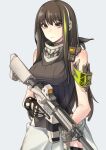  1girl armband assault_rifle bandana bare_shoulders black_bandana brown_eyes brown_hair clothes_around_waist cowboy_shot girls&#039;_frontline gloves green_hair grey_background gun highres holding holding_gun holding_weapon jacket jacket_around_waist leotard looking_at_viewer m4_carbine m4a1_(girls&#039;_frontline) multicolored_hair nakiusagi ribbed_leotard rifle simple_background skull_print solo streaked_hair thighhighs trigger_discipline vertical_foregrip weapon 