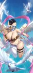  1girl absurdres angel angel_wings angewomon anima_(togashi) bare_arms bare_shoulders bird blonde_hair breasts cleavage closed_mouth commentary commission curvy digimon digimon_(creature) digimon_adventure dove flying full_body gloves highres huge_breasts legs_folded long_hair mask multiple_wings navel outdoors pink_sash plump pointy_nose revealing_clothes sash single_glove skeb_commission sky solo stomach thigh_gap thigh_strap thighs white_bird white_footwear white_gloves wide_hips wings 
