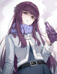  1girl absurdres belt black_belt blue_scarf bottle closed_mouth coat fern_(sousou_no_frieren) grey_coat highres holding holding_bottle long_hair looking_at_viewer luzzi_(milllim) purple_eyes purple_hair scarf solo sousou_no_frieren 