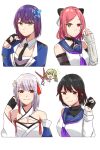  5girls :d alternate_hair_length alternate_hairstyle arm_at_side arm_belt assault_lily bare_shoulders belt black_belt black_choker black_gloves black_hair black_necktie black_shirt blue_eyes blue_jacket blue_sailor_collar braid breasts butterfly_hair_ornament chibi chibi_inset choker cleavage closed_mouth collared_shirt commentary criss-cross_halter cropped_torso detached_sleeves epaulettes flower funada_kiito funada_ui gloves gradient_hair green_eyes green_hair grey_hair hair_flower hair_ornament hair_ribbon hairclip hairpods half_gloves halterneck hand_up heterochromia highres holding holding_hair holding_scissors holding_weapon jacket japanese_clothes kawabata_hotaru kimono large_breasts layered_sleeves light_blush long_sleeves looking_ahead looking_at_viewer mole mole_under_eye mole_under_mouth multicolored_hair multiple_girls nagasawa_yuki_(assault_lily) neckerchief necktie nigari_(ngari_0115) notice_lines o-ring o-ring_choker odaiba_girls_high_school_uniform open_mouth partially_fingerless_gloves purple_eyes purple_hair purple_neckerchief red_eyes red_hair red_ribbon ribbon sailor_collar school_uniform scissors serafuku shiba_tomoshibi shirt short_hair siblings side_braid simple_background single_braid sisters sleeveless sleeveless_shirt sleeves_past_wrists smile sweatdrop symbol-only_commentary tassel tassel_hair_ornament two-tone_hair undershirt upper_body weapon white_background white_flower white_kimono white_ribbon white_shirt wide_sleeves 