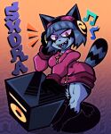 abstract_background absurd_res anthro big_breasts big_butt breasts butt claws clothing digital_media_(artwork) facial_markings female fur garbagioni grey_body grey_fur head_markings headphones hi_res looking_at_viewer mammal markings musical_note name_drop posed procyonid raccoon refrence shora_(garbagioni) smile smiling_at_viewer solo stereo sweater tail tail_markings topwear zipper_jacket 