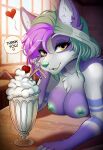  &lt;3 absurd_res anthro beverage breasts canid canine canis domestic_dog exposed_breasts female hi_res husky kotlass looking_at_viewer mammal milkshake minty_mintleaf_(fishpaste2100) nipples nordic_sled_dog solo speech_bubble spitz 