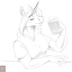  1:1 alcohol anthro beer beverage breasts clothed clothing equid equine female foxenawolf greyscale hair half-closed_eyes horn mammal monochrome narrowed_eyes sketch solo unicorn unicorn_horn 