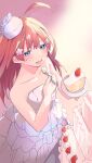  1girl absurdres ahoge bare_arms bare_shoulders blue_eyes cake cake_slice collarbone dress eating food from_above fruit go-toubun_no_hanayome hair_ornament highres nakano_itsuki open_mouth red_hair solo standing star_(symbol) star_hair_ornament strapless strapless_dress strawberry strawberry_cake valentine_(02140314c) wedding_dress white_headwear 