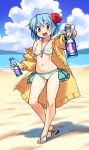  1girl absurdres beach bikini blue_eyes blue_hair blue_sky bottle breasts cloud day flower gloamy hair_flower hair_ornament halterneck highres leaf_print looking_at_viewer mahou_shoujo_madoka_magica miki_sayaka navel open_clothes open_robe outdoors ramune robe sandals short_hair side-tie_bikini_bottom sky small_breasts solo standing swimsuit white_bikini yellow_robe 