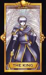  1boy armor belt belt_buckle black_border border bracer brooch buckle cloak closed_mouth commentary crescent english_commentary english_text feet_out_of_frame fire_emblem hairband hand_on_own_hip high_collar holding holding_sword holding_weapon jewelry limited_palette male_focus marth_(fire_emblem) palm_leaf pants quas-quas short_hair short_sleeves shoulder_pads smash_ball smile solo star_(symbol) super_smash_bros. sword tarot tarot_(medium) weapon yellow_hairband yellow_trim 