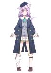  1girl :3 alternate_costume alternate_hairstyle animal_ears black_jacket cat_ears cat_girl cat_tail commentary_request full_body hololive ixy jacket looking_at_viewer loose_socks nekomata_okayu pleated_skirt purple_eyes purple_hair short_hair simple_background single_loose_sock single_sock skirt smile socks solo standing tail virtual_youtuber white_background white_skirt 