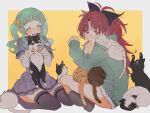  2girls aqua_hair aqua_hoodie archived_source bad_id bad_twitter_id black_bow blue_shorts blunt_bangs blush boots border bow brown_footwear cat closed_eyes closed_mouth commission fur-trimmed_shorts fur_trim futaba_sana green_eyes hair_bow hair_ornament hair_scrunchie image_sample indian_style jewelry layered_sleeves long_sleeves looking_at_viewer magia_record:_mahou_shoujo_madoka_magica_gaiden mahou_shoujo_madoka_magica medium_hair miniskirt mizuna_girls&#039;_academy_school_uniform multiple_girls open_mouth outside_border parted_bangs pleated_skirt ponytail purple_shirt purple_skirt purple_thighhighs red_eyes red_hair ring sakura_kyouko school_uniform scrunchie shirt short_over_long_sleeves short_sleeves shorts sidelocks sitting skeb_commission skirt sweat textless_version thighhighs twintails twitter_sample twitter_username wavy_hair white_border white_sleeves yellow_scrunchie yutyantogarashi 