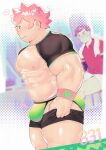  2boys abs alternate_costume ass ass_lift bara bare_pectorals black_shorts blush briefs bulge bulge_lift dressing feet_out_of_frame freckles from_side green_male_underwear highres i&#039;ve_never_seen_a_guy_recreate_this_successfully_tbh_(meme) kabu_(pokemon) large_pectorals male_focus male_underwear meme milo_(pokemon) multiple_boys muscular muscular_male navel nipples notice_lines pants_lift pectorals pink_hair pokemon pokemon_(game) pokemon_swsh revealing_clothes see-through see-through_shirt short_hair short_sleeves shorts solo_focus spoken_squiggle squiggle stomach thick_thighs thighs undersized_clothes underwear yaoi yuufreak 