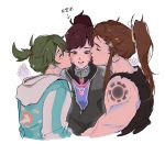  3girls bjmaki brigitte_(overwatch) brown_eyes brown_hair d.va_(overwatch) facepaint facial_mark green_hair hair_pulled_back hood hoodie kiriko_(overwatch) kiss kissing_cheek long_hair multiple_girls overwatch overwatch_2 ponytail shoulder_tattoo tattoo translation_request whisker_markings white_background yuri 