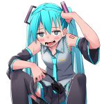  1girl @_@ aqua_eyes aqua_hair aqua_necktie black_skirt black_sleeves black_thighhighs blush commentary_request detached_sleeves grey_shirt hair_between_eyes hair_ornament hatsune_miku headphones headphones_removed highres holding holding_headphones long_hair necktie open_mouth pleated_skirt shirt shoulder_tattoo simple_background sitting skirt sleeveless sleeveless_shirt solo sweat tattoo thighhighs twintails very_long_hair vocaloid white_background yachima_tana 