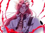  1boy blood blood_from_mouth earrings eyebrow_cut fate/grand_order fate_(series) hair_over_one_eye highres hk_side2 jacket jewelry long_hair looking_at_viewer male_focus multicolored_hair nagatekkou pectoral_cleavage pectorals red_eyes red_hair simple_background smile solo streaked_hair takasugi_shinsaku_(fate) underpec upper_body white_background white_hair white_jacket 
