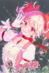  1girl abstract_background arm_at_side artist_name breasts buttons center_frills choker closed_mouth collarbone commission eyelashes flower frilled_sleeves frills gloves grey_background hair_between_eyes hair_ribbon hand_to_own_face hand_up kaname_madoka leaf light_blush looking_at_viewer magic_circle mahou_shoujo_madoka_magica ok_sign ok_sign_over_eye peave pink_eyes pink_flower pink_hair pink_rose pixiv_commission puffy_short_sleeves puffy_sleeves red_choker red_ribbon ribbon ribbon_choker rose short_sleeves short_twintails sidelighting sidelocks simple_background small_breasts smile solo soul_gem tareme twintails upper_body white_gloves 