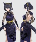  1girl absurdres alternate_costume animal_ear_fluff animal_ears backless_dress backless_outfit bare_back black_dress black_hair black_jaguar_(kemono_friends) breasts commentary dress extra_ears feet_out_of_frame grey_background highres jaguar_ears jaguar_girl jaguar_tail jewelry kemono_friends medium_breasts medium_dress multiple_views short_hair side_slit simple_background tail tanabe_(fueisei) turnaround 
