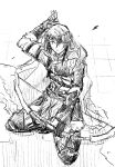  1boy alcryst_(fire_emblem) armor arrow_(projectile) asymmetrical_hair bow_(weapon) circlet closed_mouth dolly_deer fire_emblem fire_emblem_engage gloves greyscale highres holding holding_bow_(weapon) holding_weapon male_focus monochrome short_hair shoulder_armor sketch solo weapon white_background 