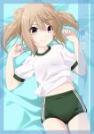  1girl blush brown_eyes brown_hair buruma character_name double_bun green_buruma gym_shirt gym_uniform hair_bun highres inaba_shiki kantai_collection light_brown_hair lying michishio_(kancolle) on_bed shirt short_hair short_twintails smile solo t-shirt track_uniform twintails white_shirt 