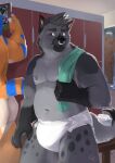  absurd_res anthro bathing bear belly big_belly big_butt butt clean_diaper clothed clothing confidence confident diaper diaper_only diapered_dominant exhibitionism facial_piercing felid fur grey_body grey_fur grizz_daddy group hi_res hyena locker_room male male/male mammal muscular muscular_anthro muscular_male navel nipple_piercing nipples nose_piercing nose_ring nude overweight overweight_anthro overweight_male pantherine piercing public ring_piercing shower showering slightly_chubby smile spots standing stripes terrytigear tiger topless towel towel_on_shoulder wearing_diaper 