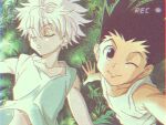  2boys black_hair blue_eyes enoki_(gongindon) gon_freecss hunter_x_hunter killua_zoldyck looking_at_viewer lying male_child male_focus multiple_boys official_alternate_costume official_style on_back one_eye_closed recording selfie short_hair sleeping smile spiked_hair tank_top tree_shade upper_body white_hair white_tank_top 