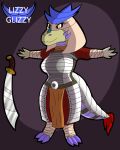  2021 anthro armor armored_tail biped blue_clothing breasts claws clothing dragon english_text eyelashes female grey_armor hi_res juna_june_(lizzyglizzy) lizzyglizzy orange_clothing purple_body purple_claws purple_scales purple_spikes red_clothing scales scalie smile solo spikes spikes_(anatomy) t-pose tan_body tan_scales text white_armor yellow_eyes 