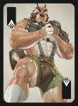  1boy alcohol animal_ears bara beard beer brown_fur concentrating dog_boy dog_ears facial_hair feet_out_of_frame frown furry furry_male green_shorts highres huge_eyebrows large_pectorals male_focus muscular muscular_male nipples original pectorals playing_card_theme short_hair shorts solo strongman_waist suspenders thick_eyebrows thick_thighs thighs tooboshoo tusks 