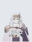  1girl armor cape cloak flower goddess_of_victory:_nikke headgear highres holding holding_flower long_hair mecha_musume mechanical_arms shoulder_armor single_mechanical_arm snow_white_(nikke) solo standing suyang upper_body visor_(armor) white_cape white_cloak white_hair yellow_eyes 