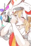  1girl ascot blonde_hair can closed_eyes closed_mouth commentary_request crying crystal drinking flandre_scarlet hair_between_eyes hands_up hat highres holding holding_can kiyonetto mob_cap puffy_short_sleeves puffy_sleeves red_vest short_sleeves simple_background sketch solo streaming_tears tears touhou upper_body vest white_background wings yellow_ascot 
